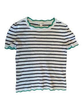 Maison Jules Ribbed Striped Knit Top with Navy Ivory Green Trim, Size Small